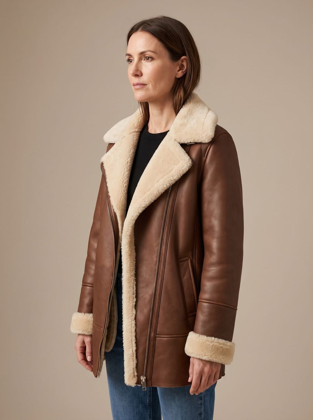 Aria | Manteau d'hiver en cuir avec col en peau de mouton pour femmes
