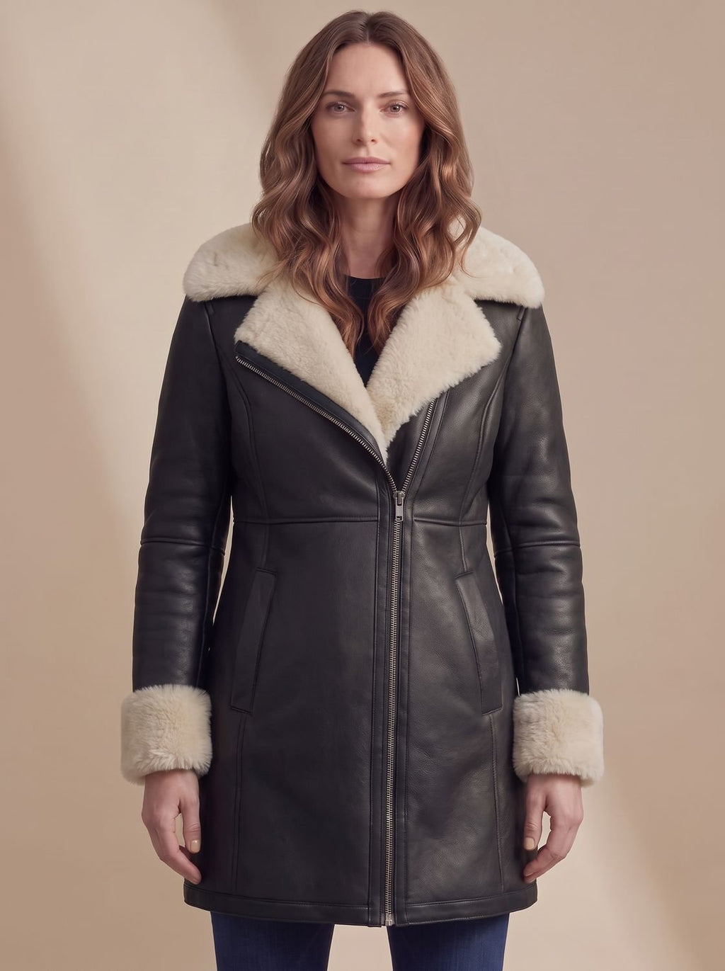 Aria | Manteau d'hiver en cuir avec col en peau de mouton pour femmes