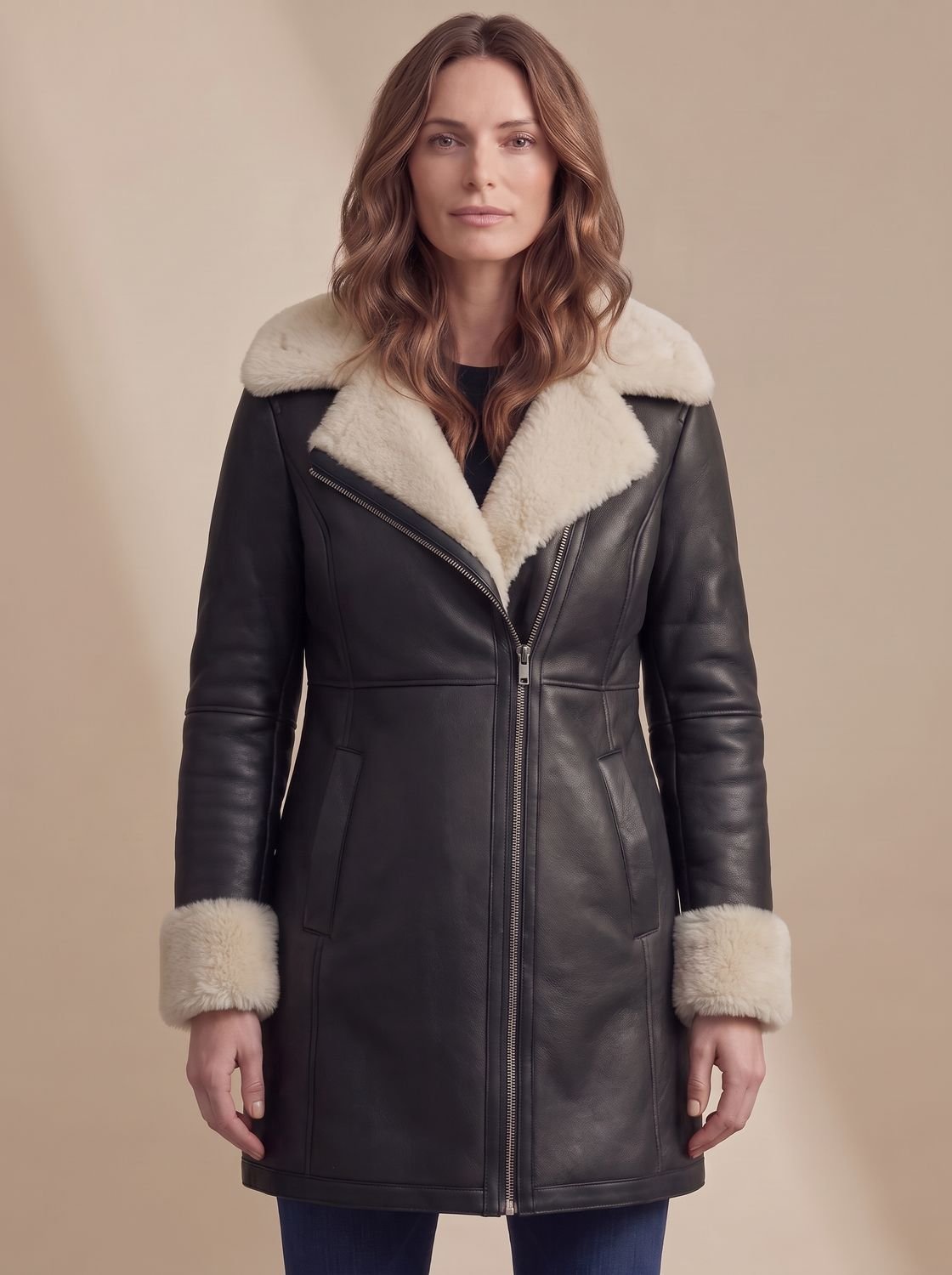 Aria | Manteau d'hiver en cuir avec col en peau de mouton pour femmes