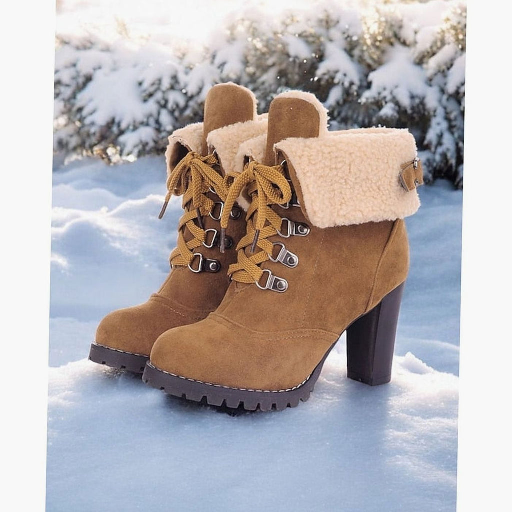 Camila | Bottes d'hiver à talon épais et lacets pour femmes avec revers en sherpa