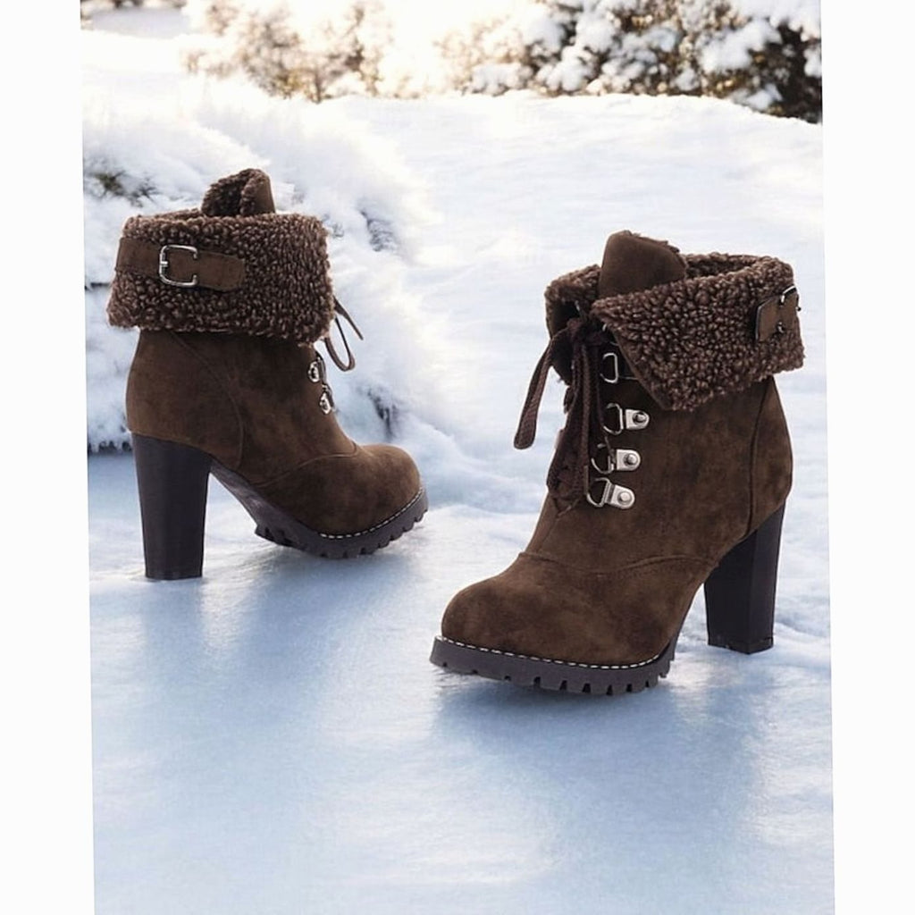 Camila | Bottes d'hiver à talon épais et lacets pour femmes avec revers en sherpa