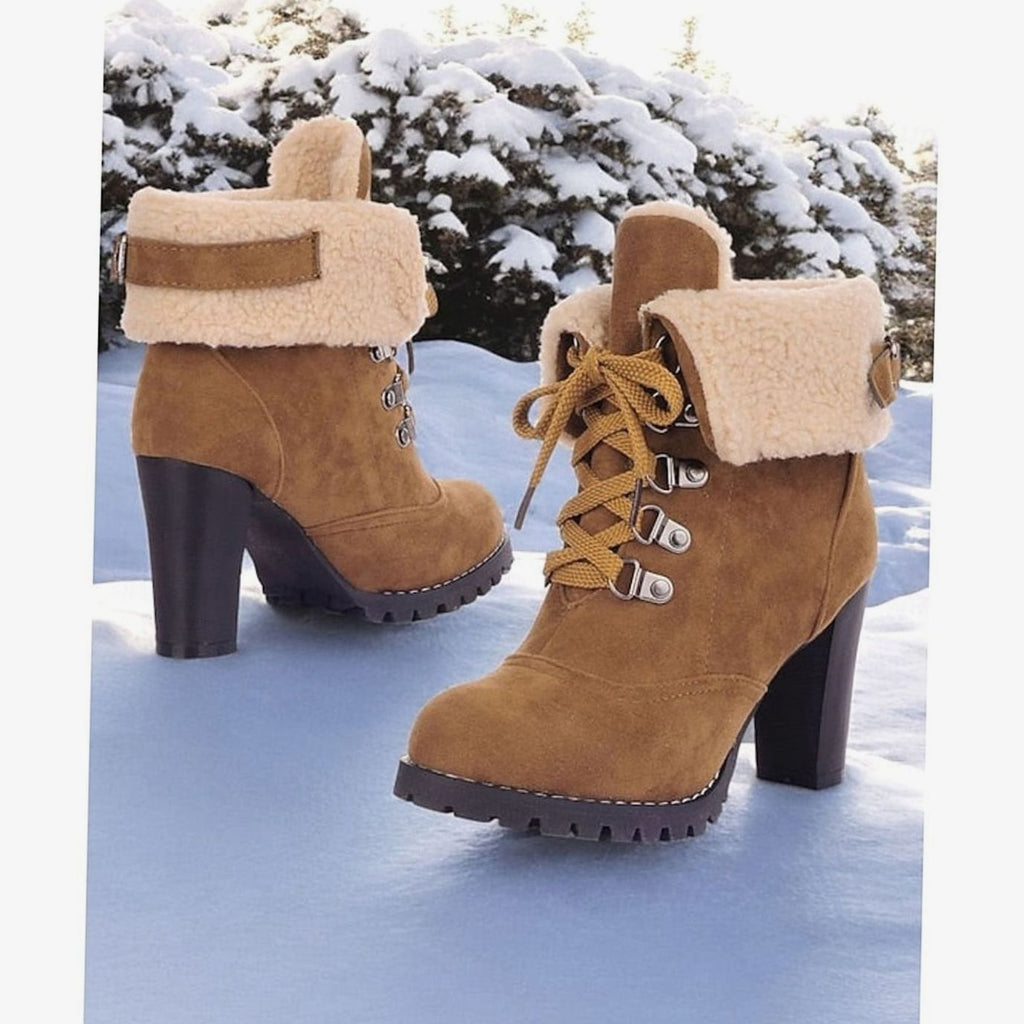 Camila | Bottes d'hiver à talon épais et lacets pour femmes avec revers en sherpa