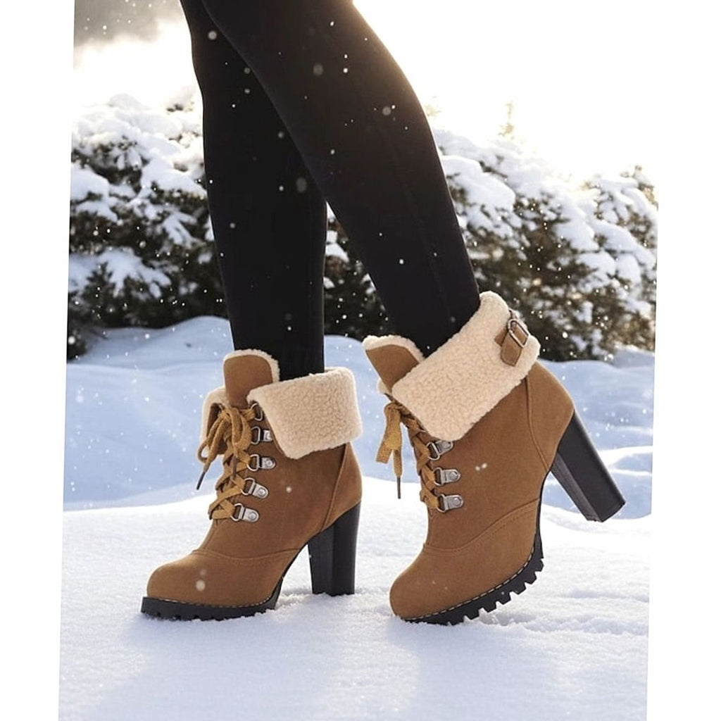 Camila | Bottes d'hiver à talon épais et lacets pour femmes avec revers en sherpa