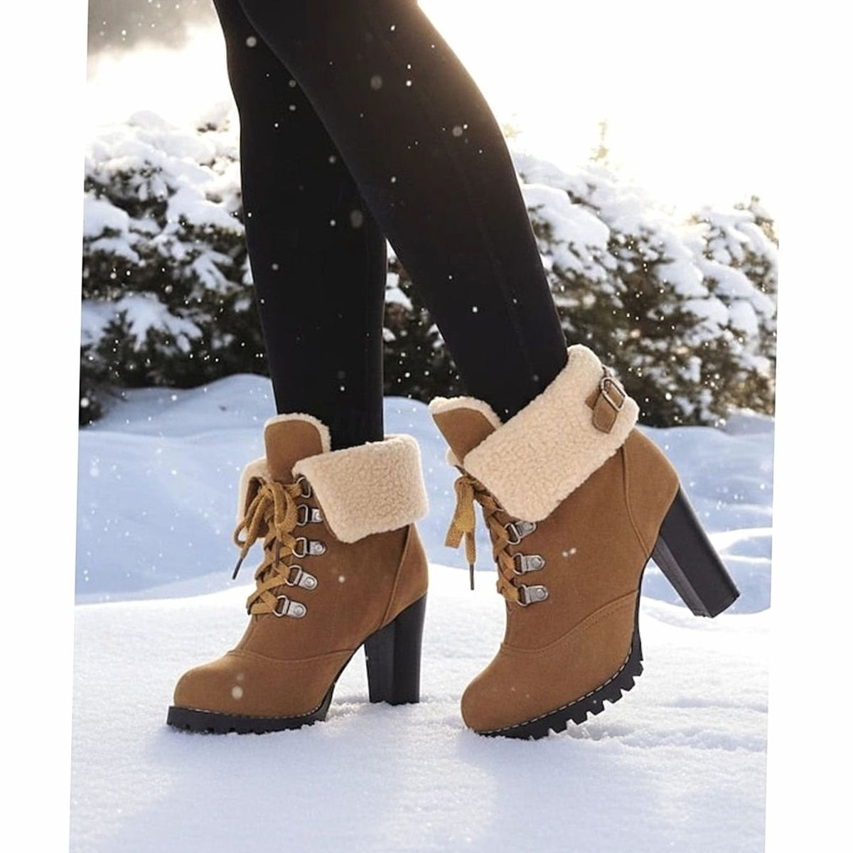 Camila | Bottes d'hiver à talon épais et lacets pour femmes avec revers en sherpa