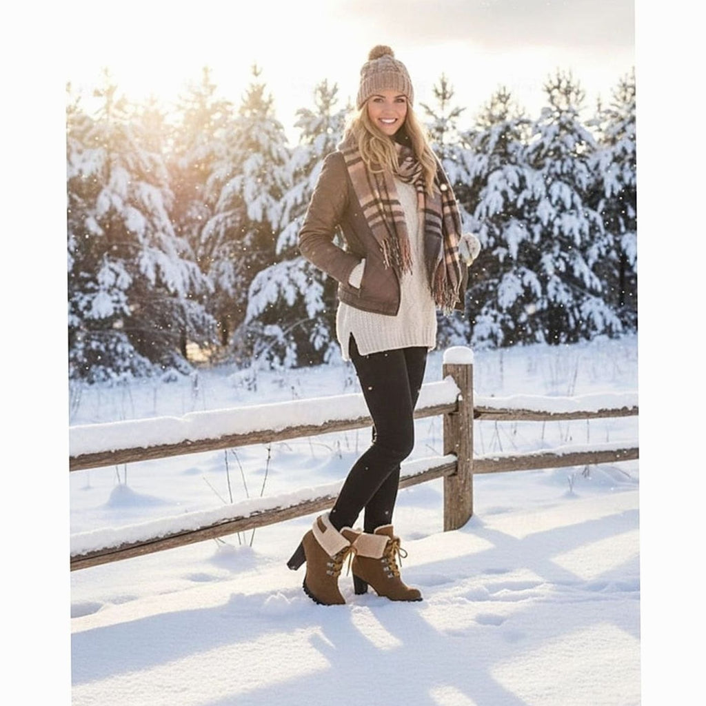 Camila | Bottes d'hiver à talon épais et lacets pour femmes avec revers en sherpa