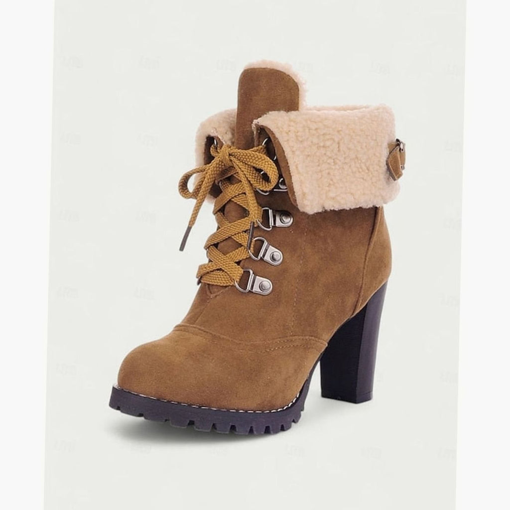 Camila | Bottes d'hiver à talon épais et lacets pour femmes avec revers en sherpa