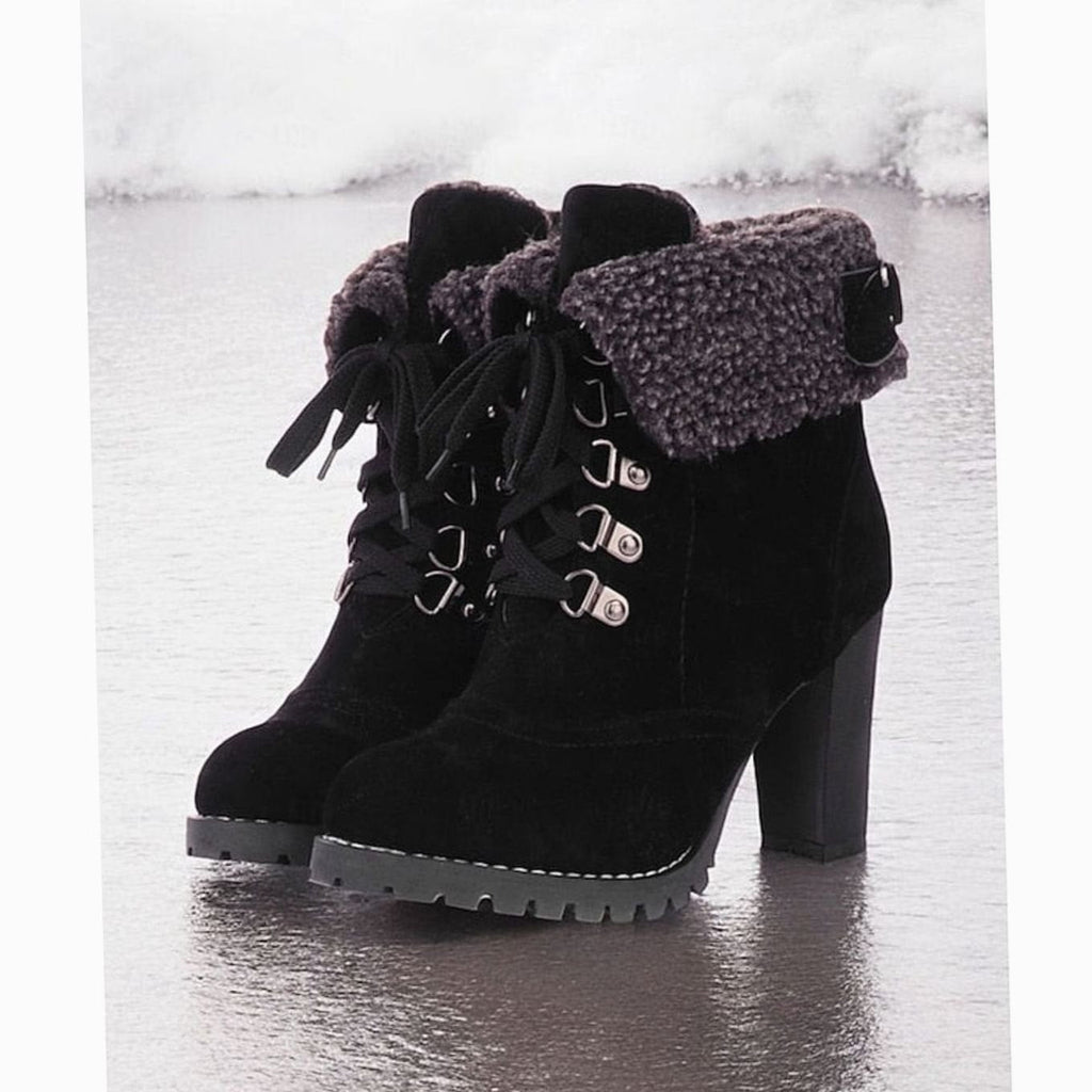 Camila | Bottes d'hiver à talon épais et lacets pour femmes avec revers en sherpa