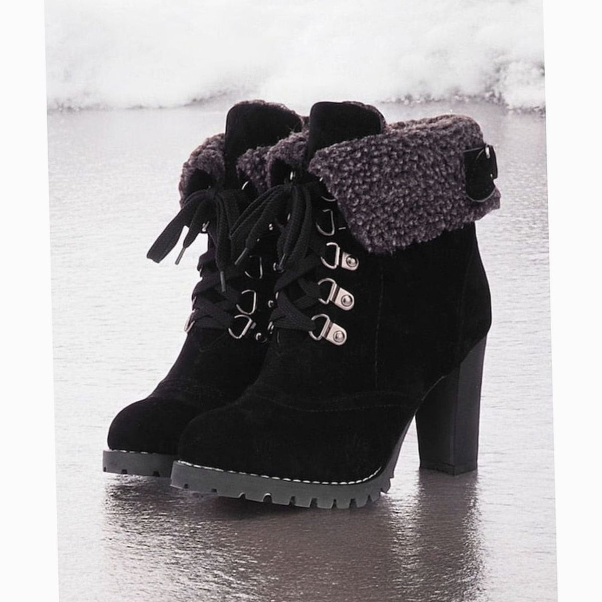 Camila | Bottes d'hiver à talon épais et lacets pour femmes avec revers en sherpa