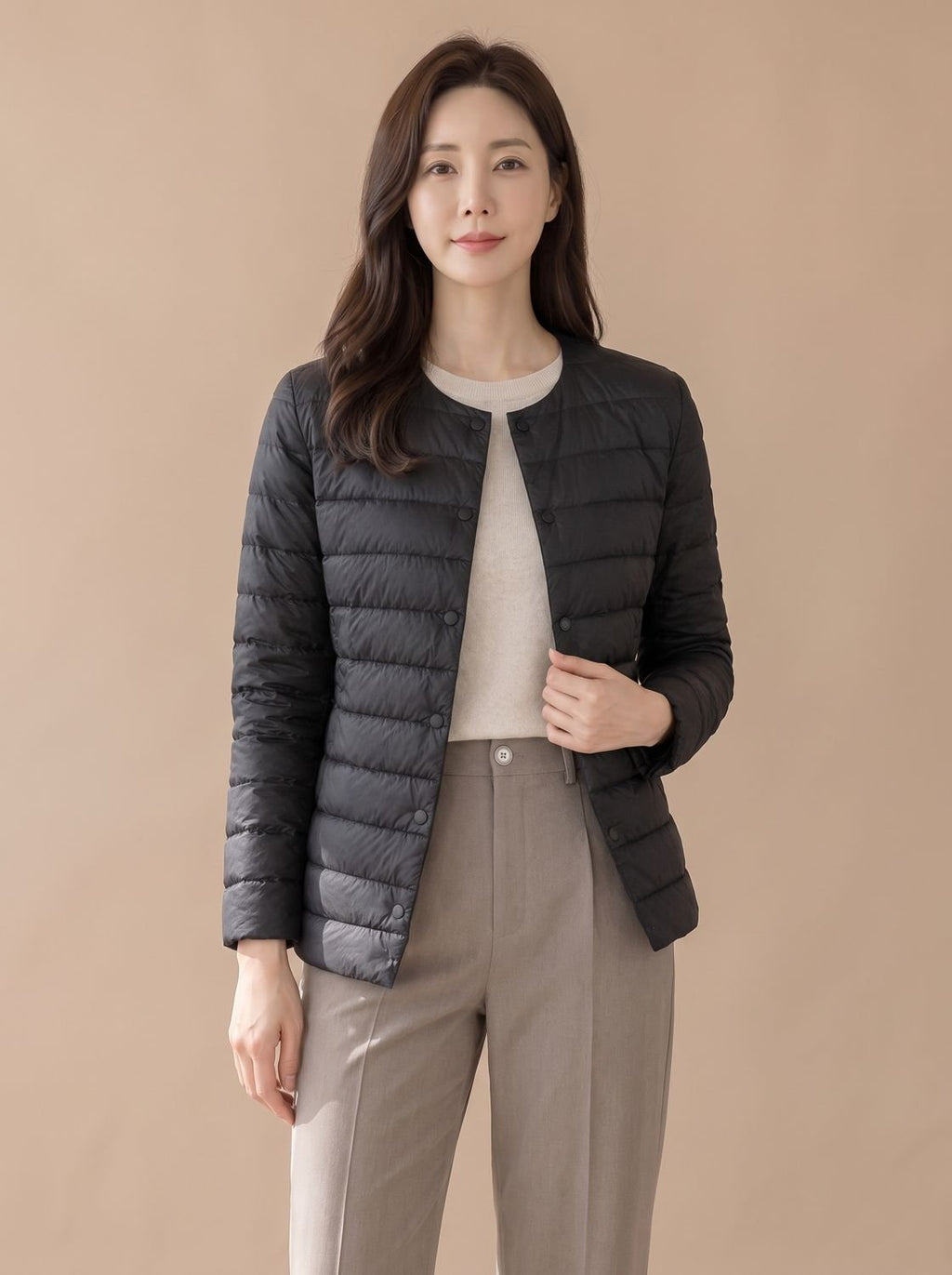 Grace | Veste doudoune matelassée sans col à boutons-pression pour femme