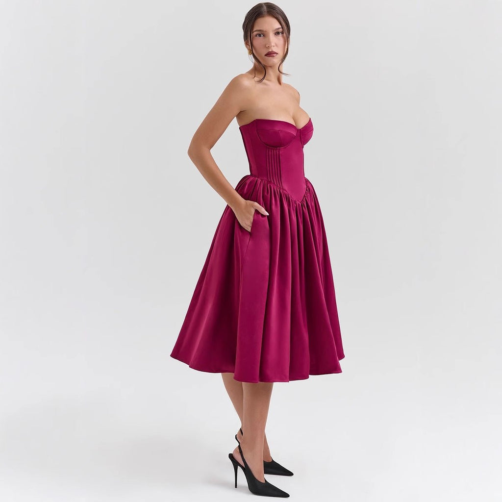 Amelia | Robe Cocktail Midi en Satin Sans Manches pour Femmes
