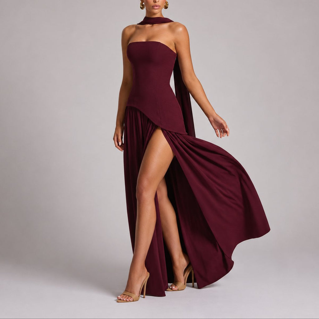 Camila | Robe Maxi Sans Manches à Dos Ouvert avec Écharpe pour Femmes - Invité de Mariage d'Automne