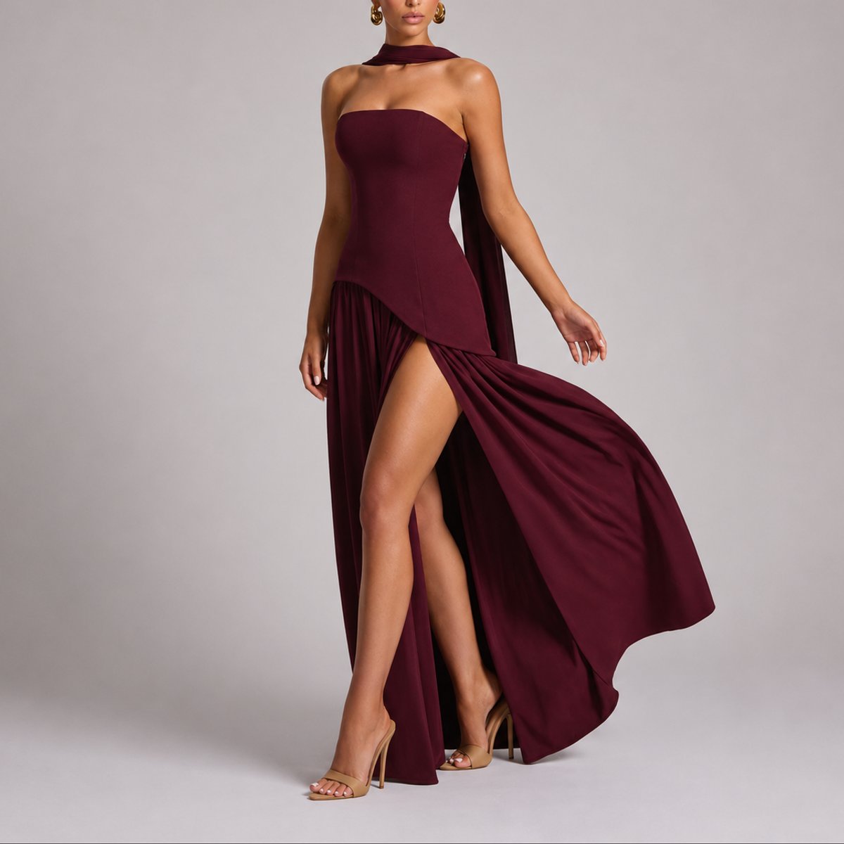 Camila | Robe Maxi Sans Manches à Dos Ouvert avec Écharpe pour Femmes - Invité de Mariage d'Automne