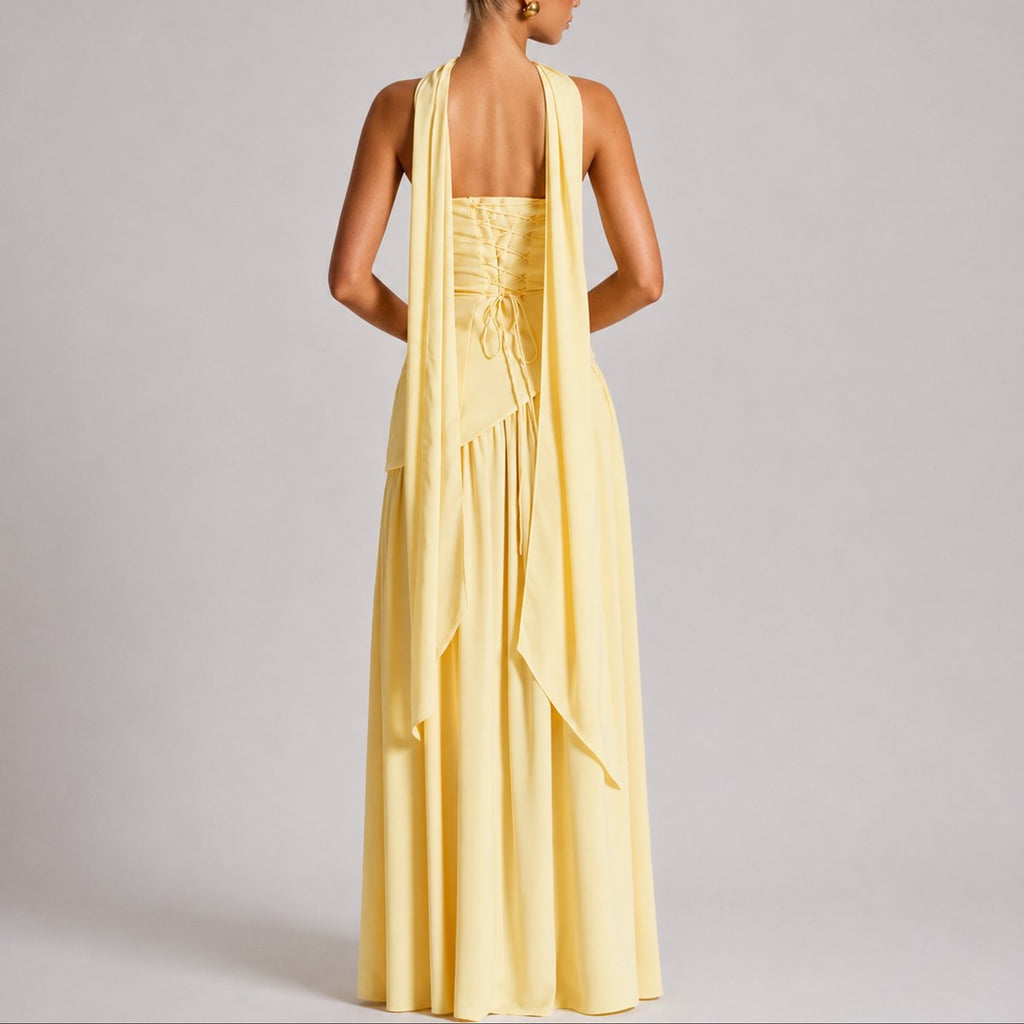 Camila | Robe Maxi Sans Manches à Dos Ouvert avec Écharpe pour Femmes - Invité de Mariage d'Automne