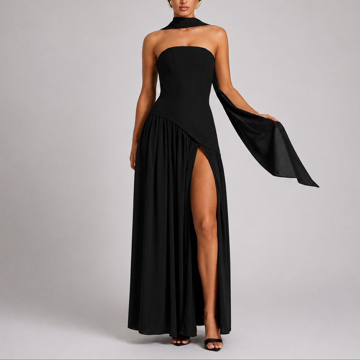 Camila | Robe Maxi Sans Manches à Dos Ouvert avec Écharpe pour Femmes - Invité de Mariage d'Automne