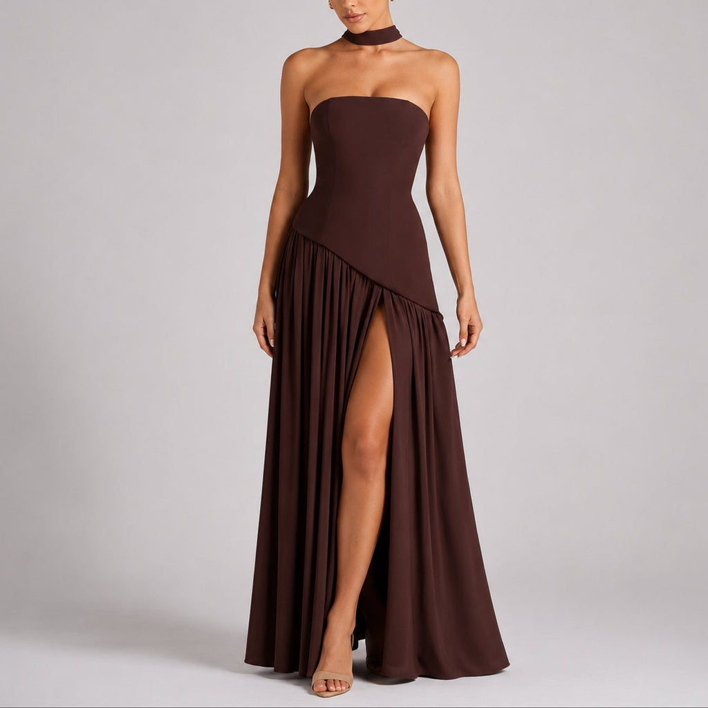 Camila | Robe Maxi Sans Manches à Dos Ouvert avec Écharpe pour Femmes - Invité de Mariage d'Automne