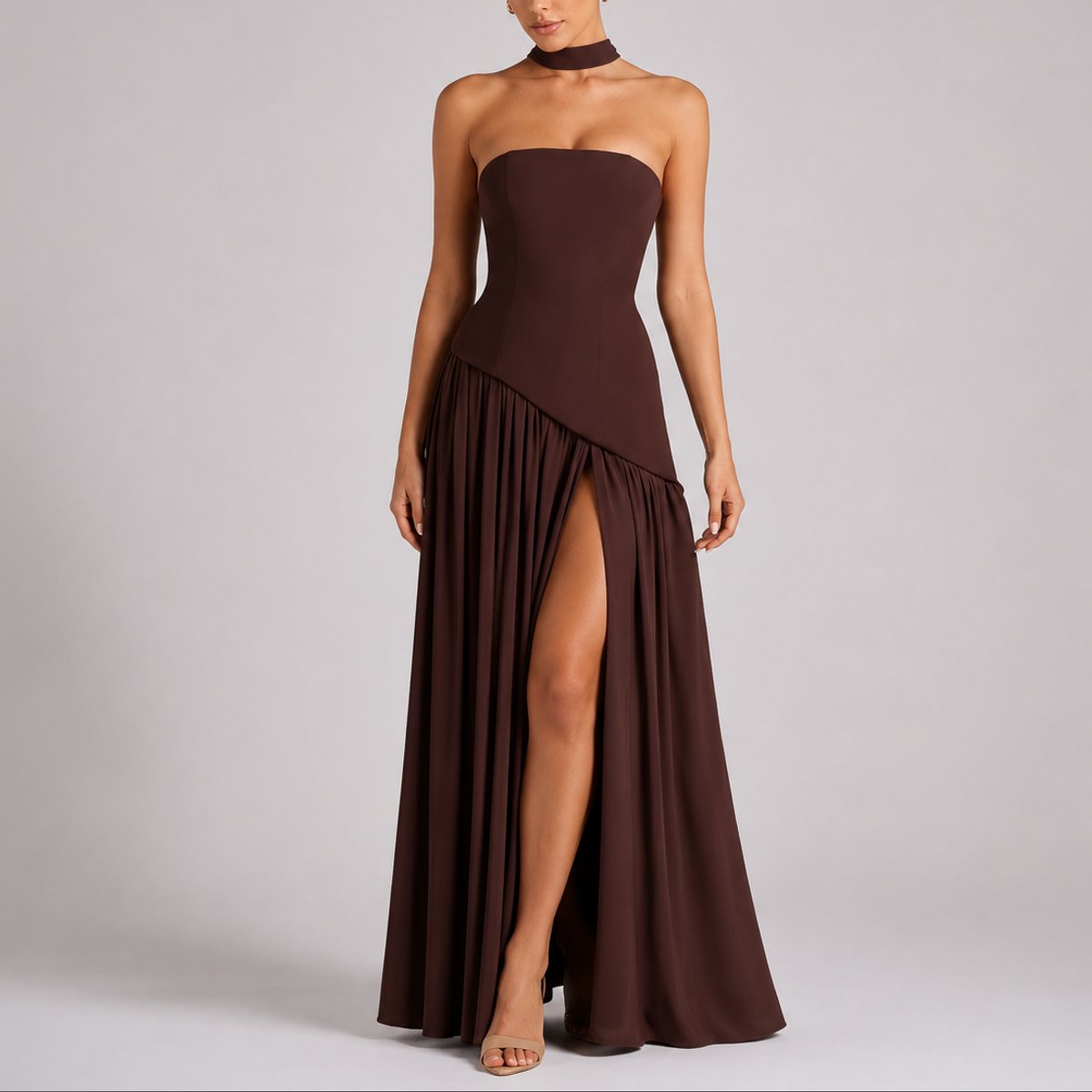 Camila | Robe Maxi Sans Manches à Dos Ouvert avec Écharpe pour Femmes - Invité de Mariage d'Automne