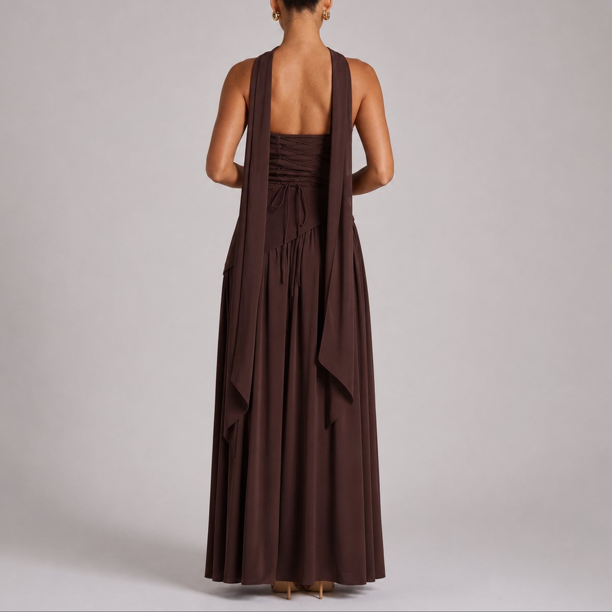 Camila | Robe Maxi Sans Manches à Dos Ouvert avec Écharpe pour Femmes - Invité de Mariage d'Automne