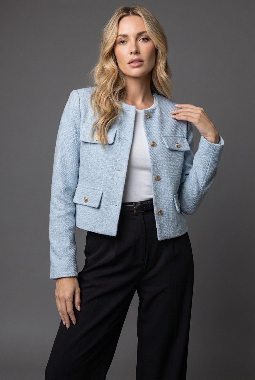 Victoria | Veste Croisée Femme en Tweed à Col Ronde et Boutons Dorés