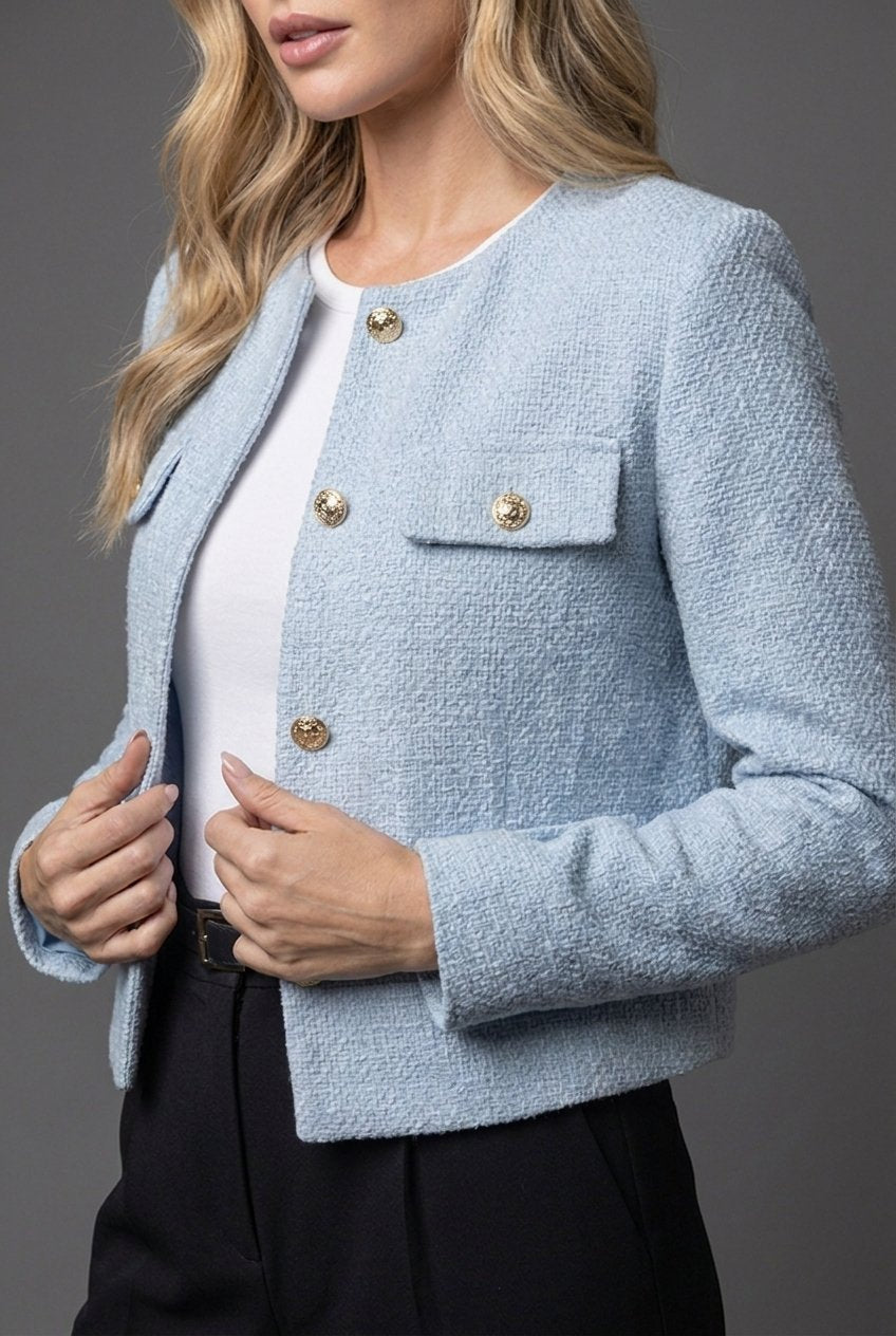 Victoria | Veste Croisée Femme en Tweed à Col Ronde et Boutons Dorés