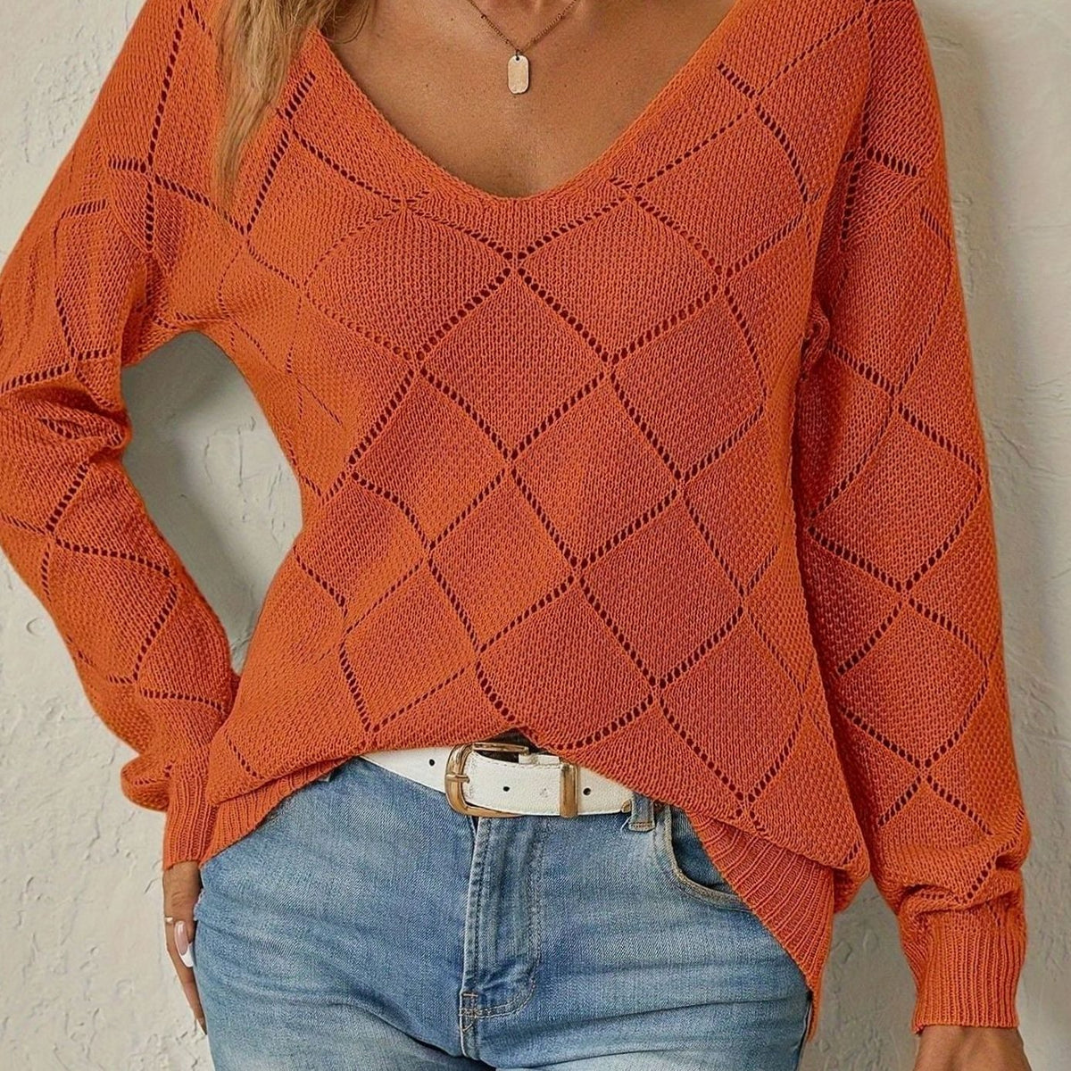 Olivia | Pull long à manches longues en maille ajourée en forme de V pour femmes