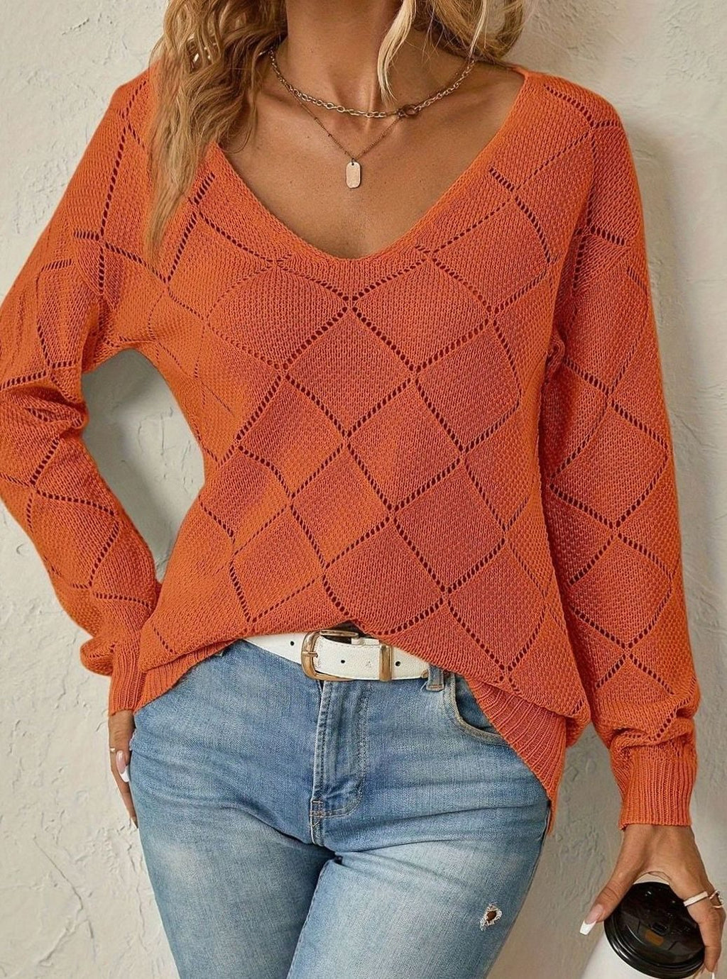 Olivia | Pull long à manches longues en maille ajourée en forme de V pour femmes
