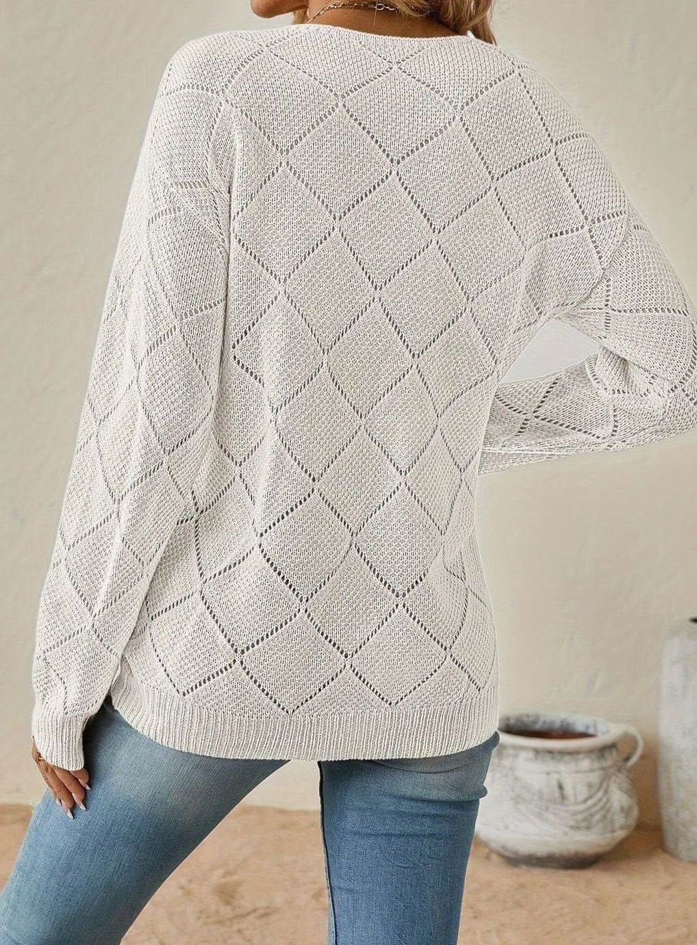 Olivia | Pull long à manches longues en maille ajourée en forme de V pour femmes