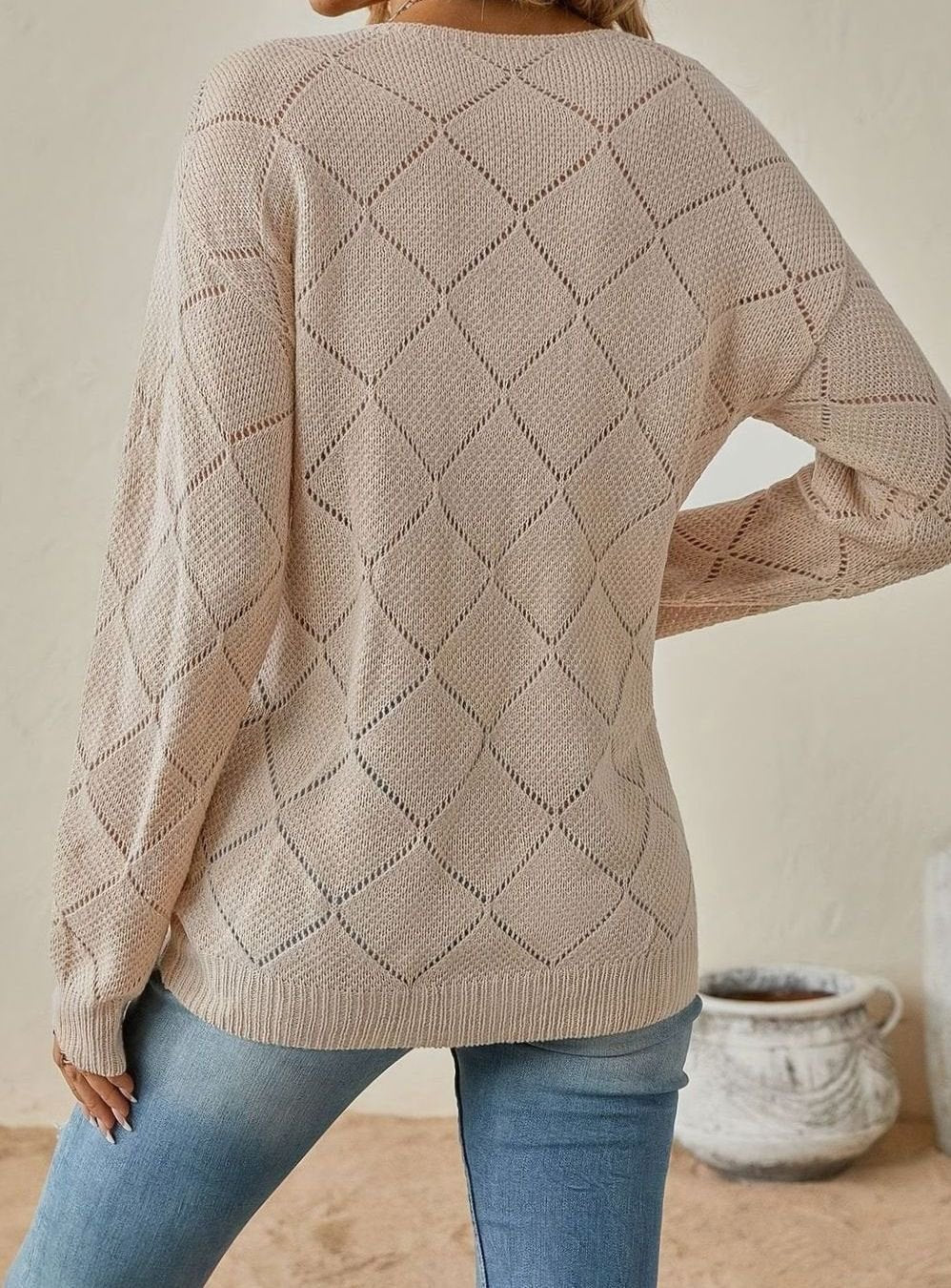 Olivia | Pull long à manches longues en maille ajourée en forme de V pour femmes