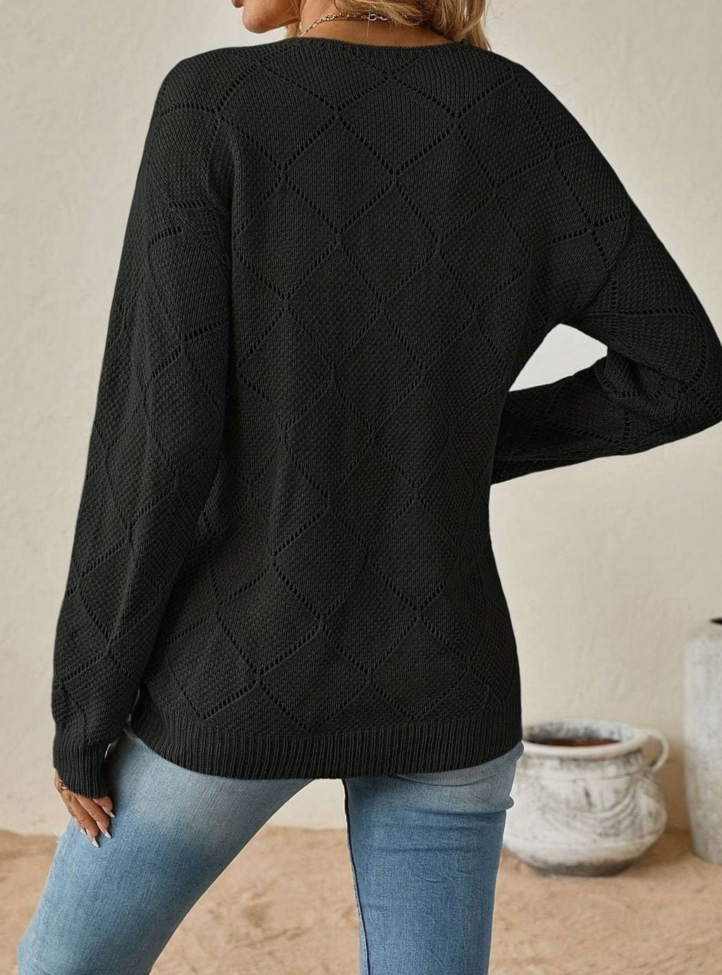 Olivia | Pull long à manches longues en maille ajourée en forme de V pour femmes