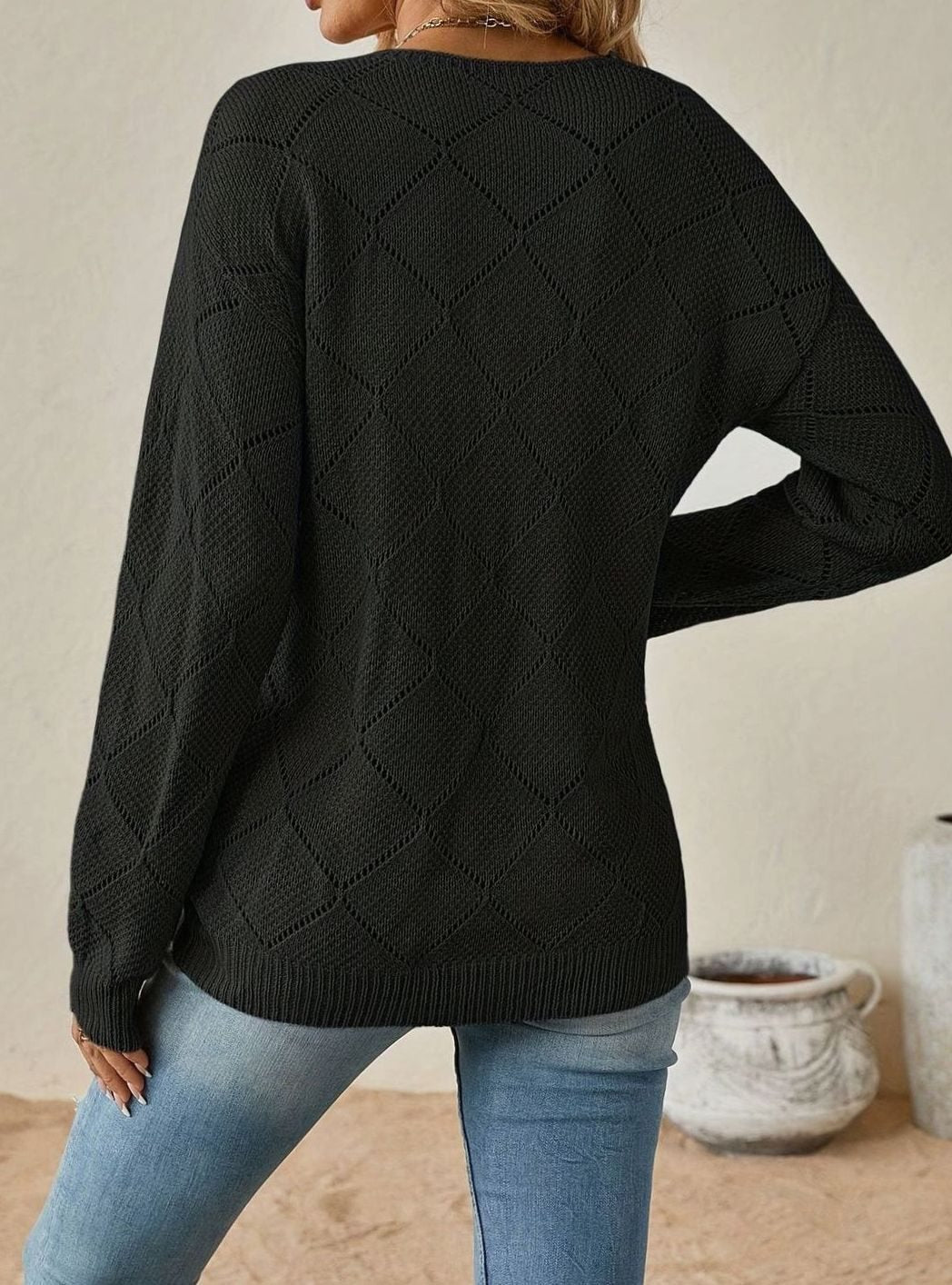 Olivia | Pull long à manches longues en maille ajourée en forme de V pour femmes