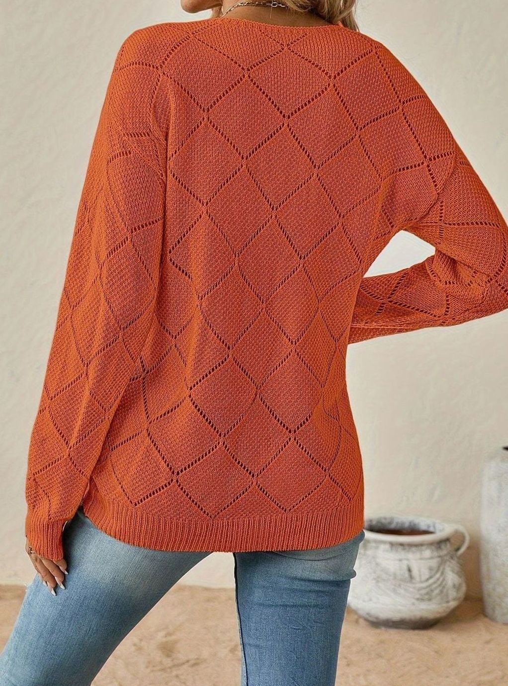 Olivia | Pull long à manches longues en maille ajourée en forme de V pour femmes