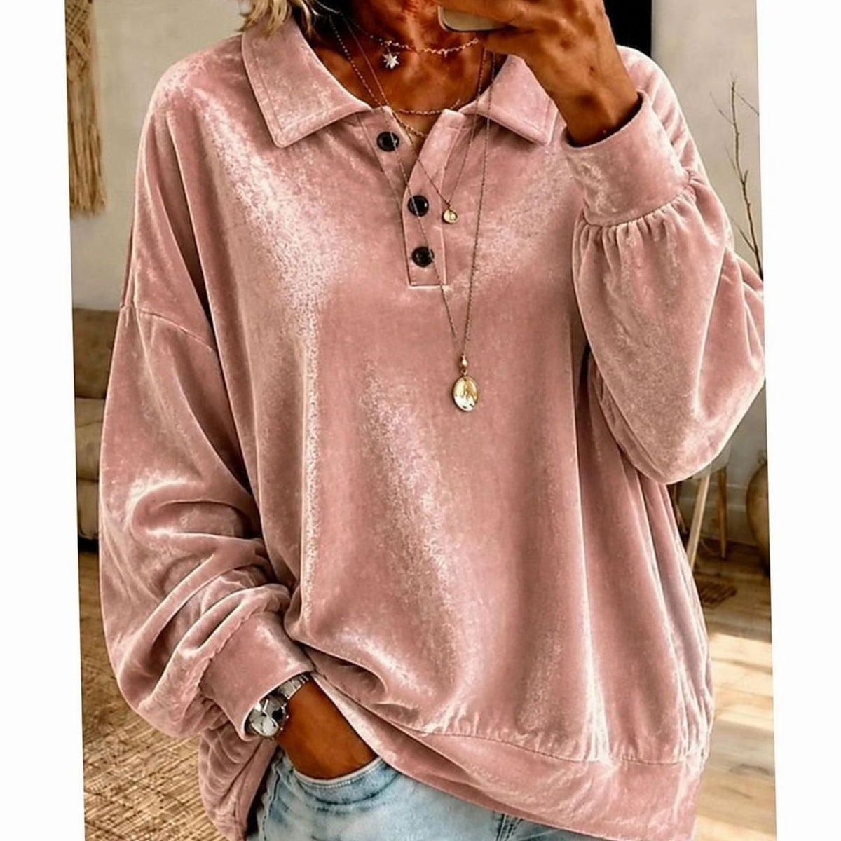 Layla | Pull décontracté en velours pour femmes avec col et patte de boutonnage