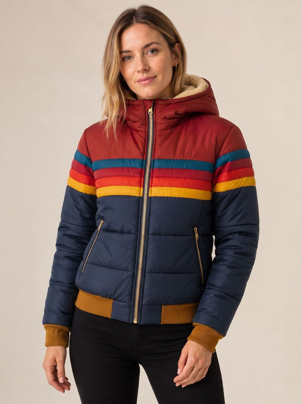 Sophia | Veste Puffer Imperméable à Capuche pour Femmes avec Rayures Rétro Colorées