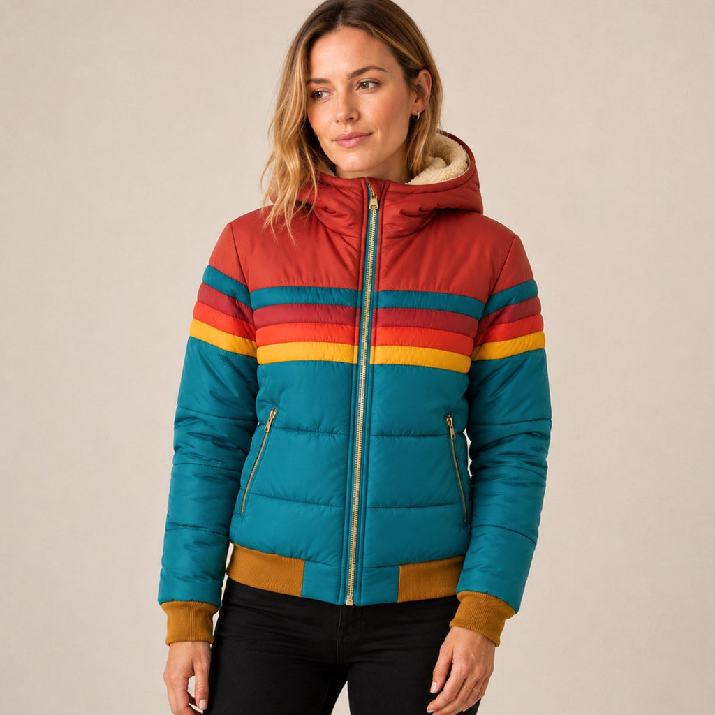 Sophia | Veste Puffer Imperméable à Capuche pour Femmes avec Rayures Rétro Colorées
