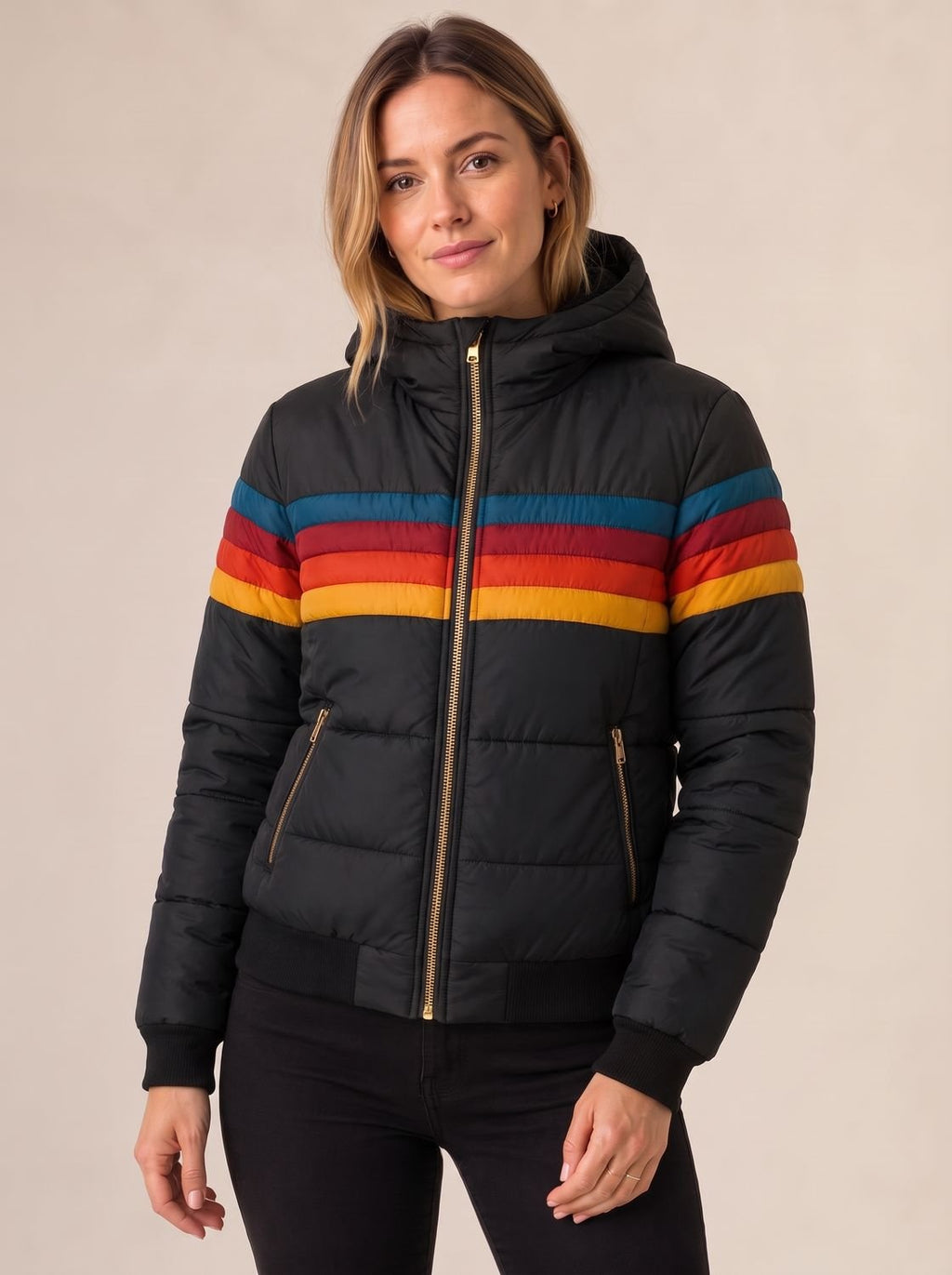 Sophia | Veste Puffer Imperméable à Capuche pour Femmes avec Rayures Rétro Colorées