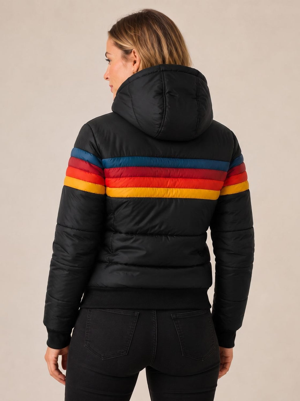 Sophia | Veste Puffer Imperméable à Capuche pour Femmes avec Rayures Rétro Colorées