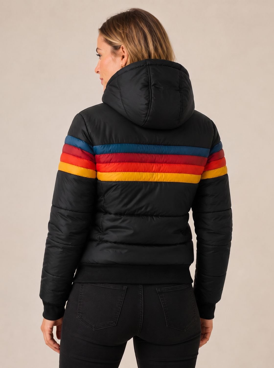 Sophia | Veste Puffer Imperméable à Capuche pour Femmes avec Rayures Rétro Colorées