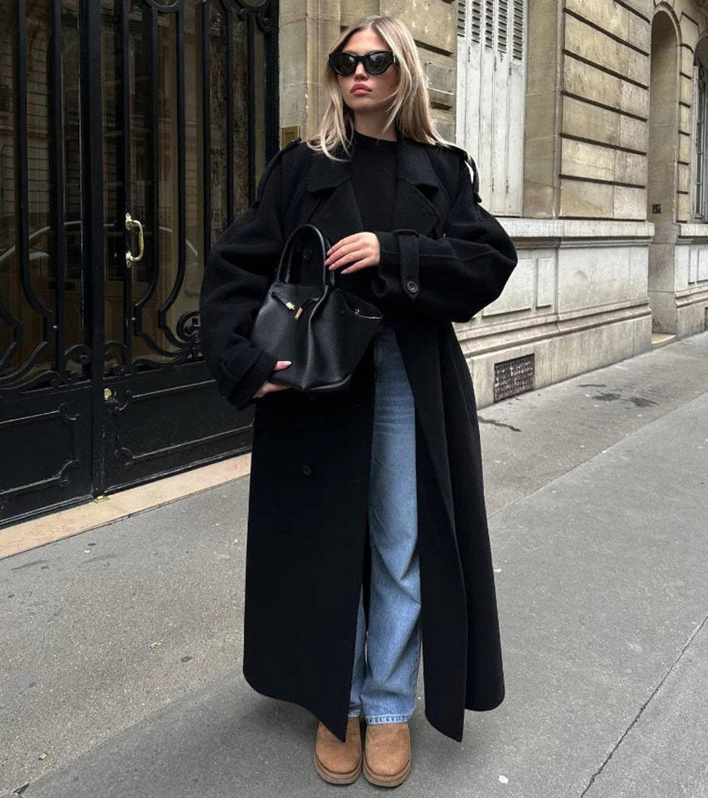 Manteau Trench Long pour Femmes d'Hiver avec Ceinture et Double Rangée de Boutons