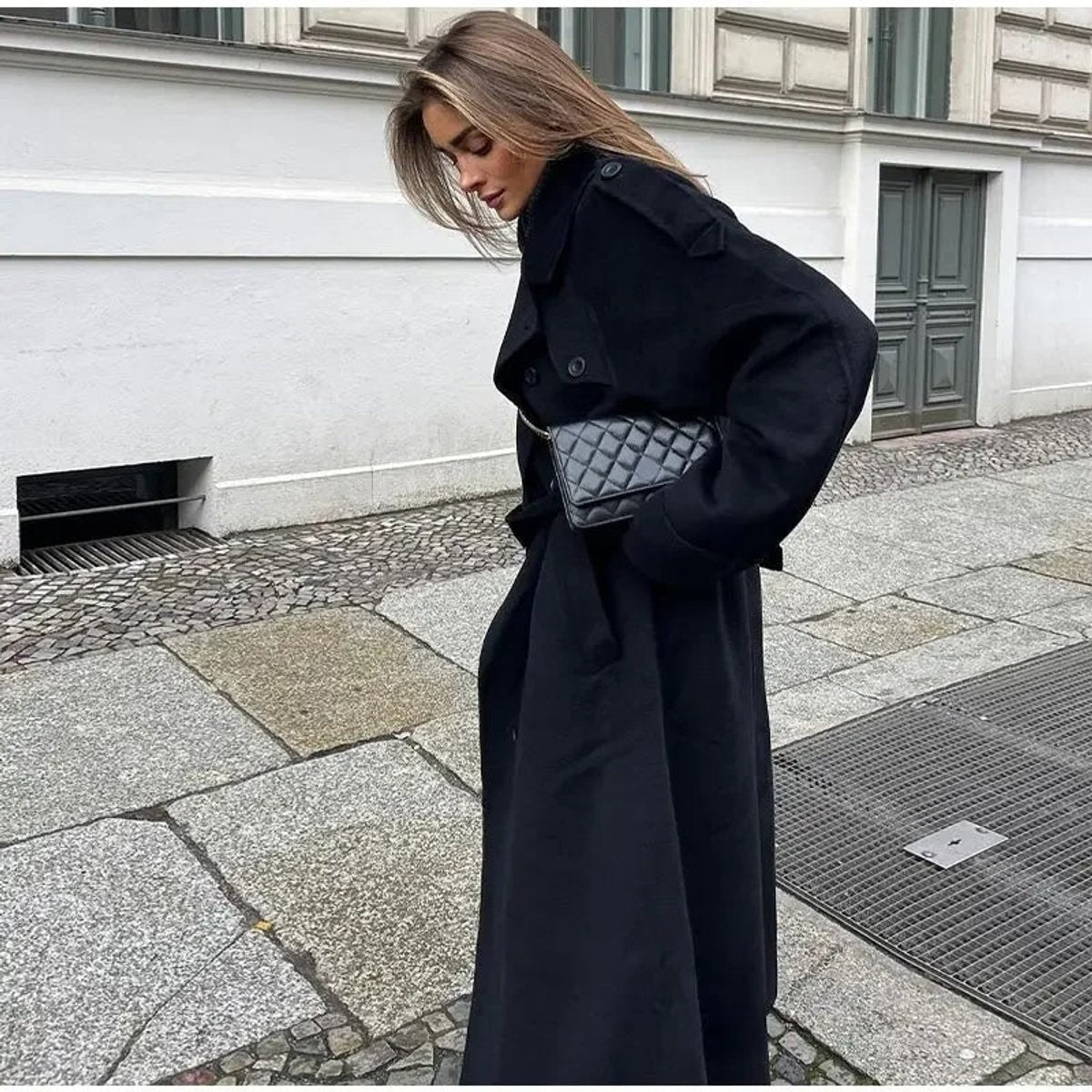 Manteau Trench Long pour Femmes d'Hiver avec Ceinture et Double Rangée de Boutons
