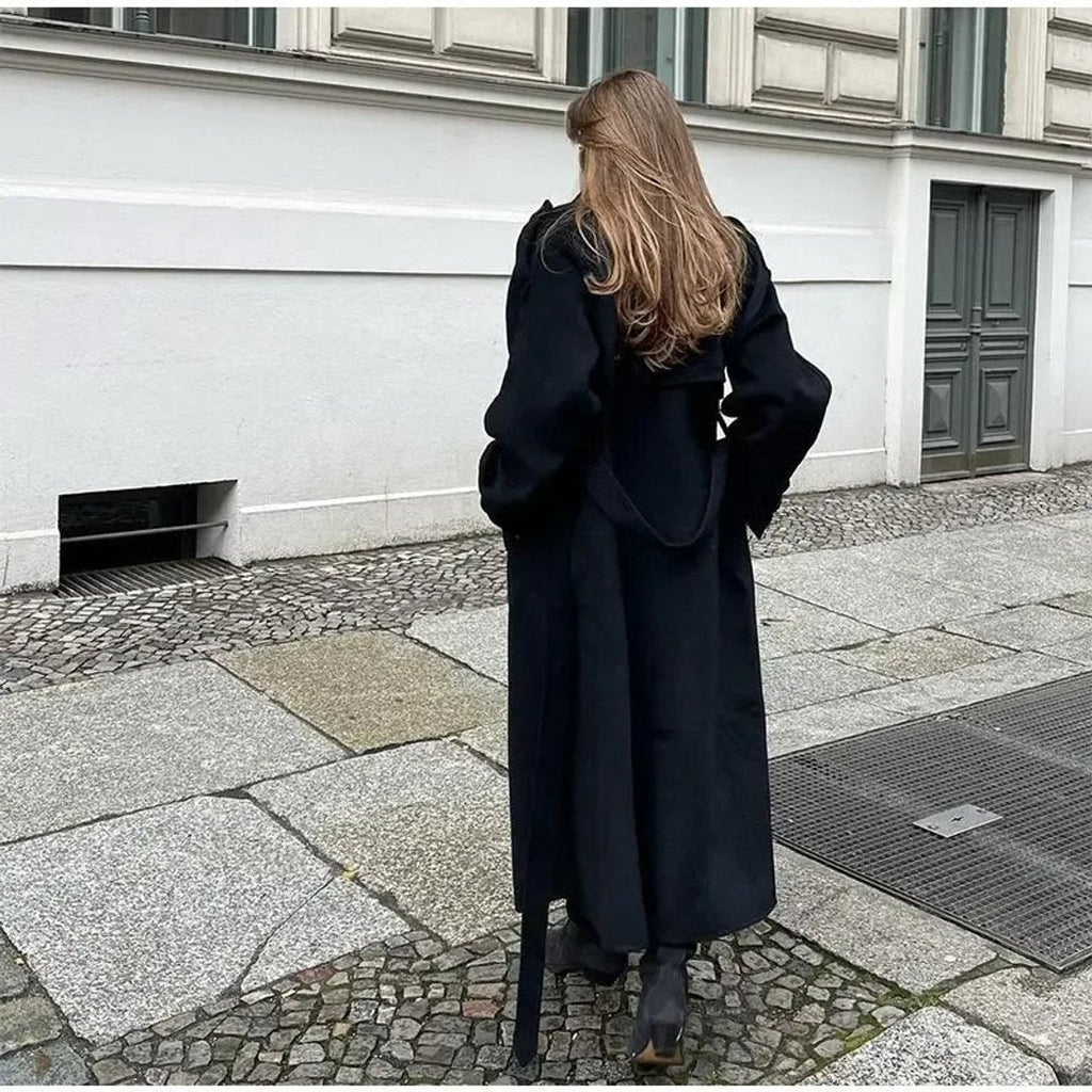 Manteau Trench Long pour Femmes d'Hiver avec Ceinture et Double Rangée de Boutons