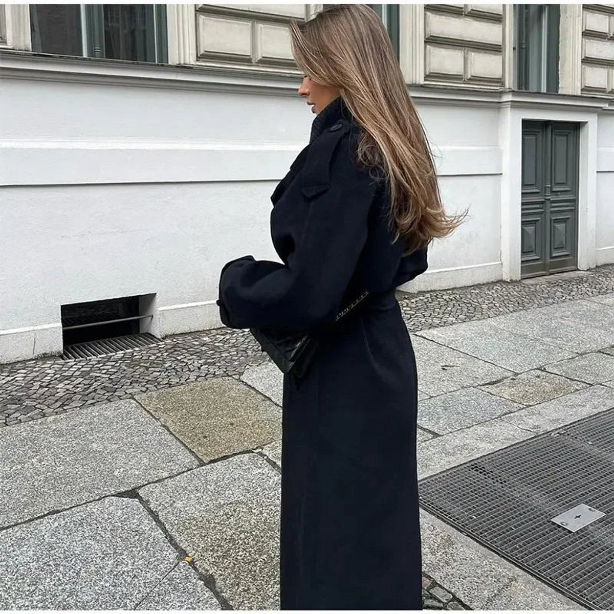 Manteau Trench Long pour Femmes d'Hiver avec Ceinture et Double Rangée de Boutons