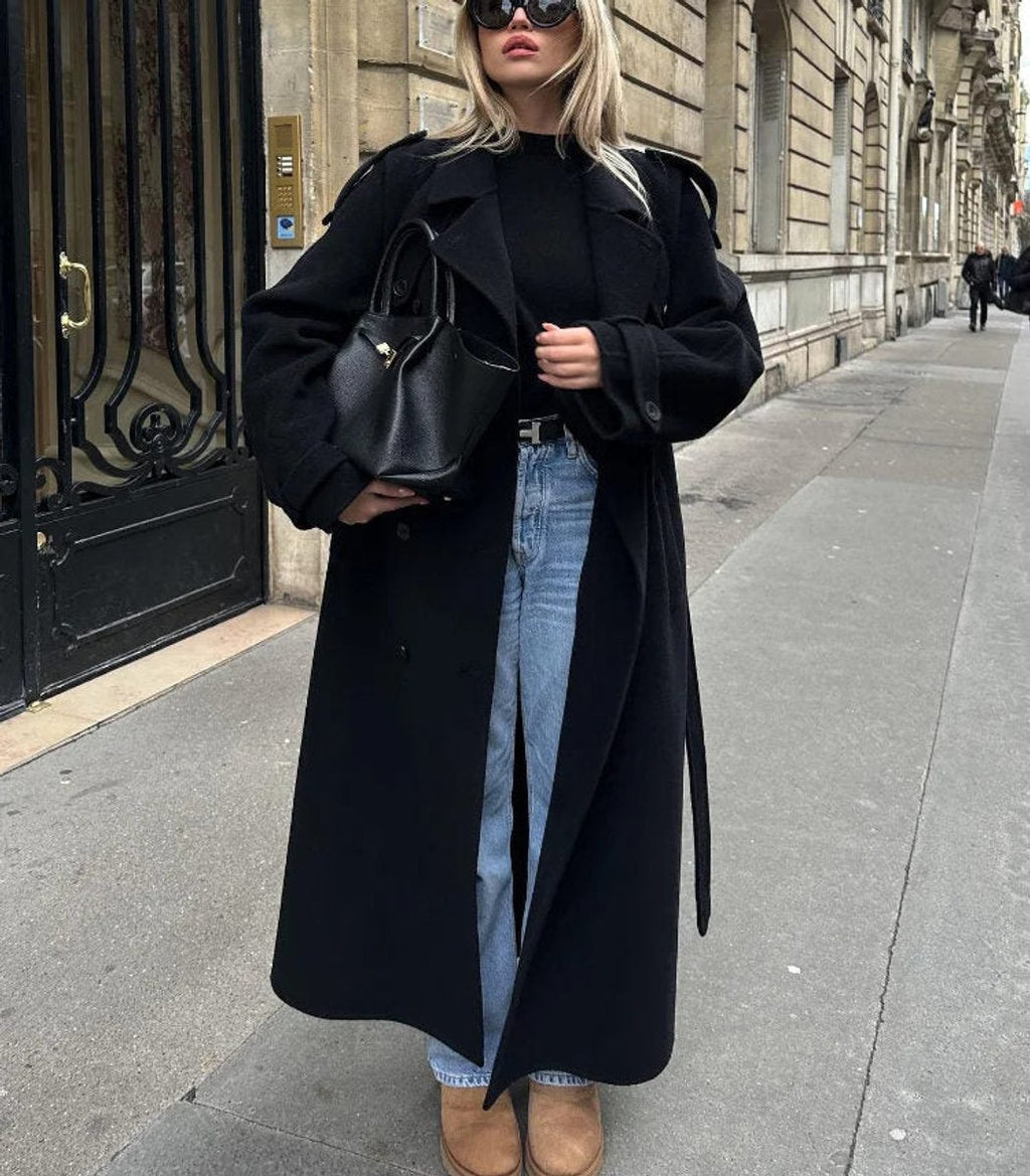 Manteau Trench Long pour Femmes d'Hiver avec Ceinture et Double Rangée de Boutons