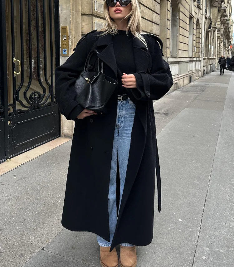 Manteau Trench en Laine pour Femmes avec Col Revers – Double Boutonnage avec Ceinture