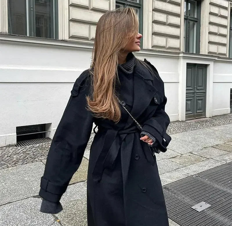 Manteau Trench en Laine pour Femmes avec Col Revers – Double Boutonnage avec Ceinture