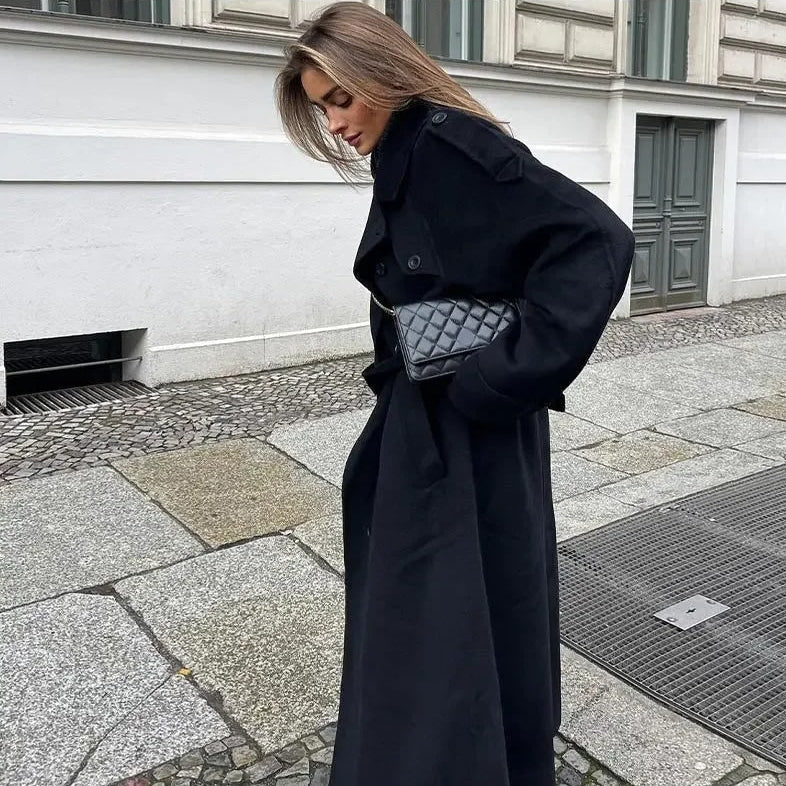 Manteau Trench en Laine pour Femmes avec Col Revers – Double Boutonnage avec Ceinture