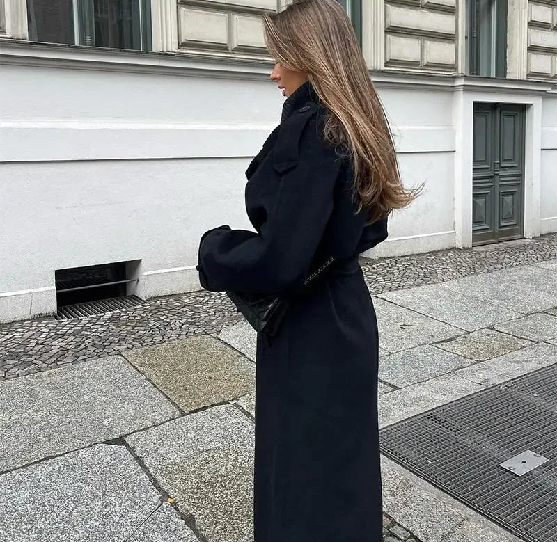 Manteau Trench en Laine pour Femmes avec Col Revers – Double Boutonnage avec Ceinture