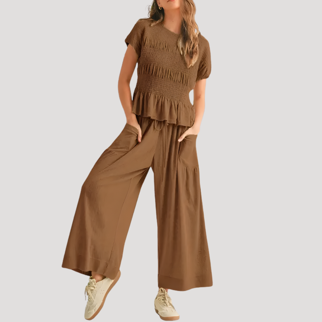 Zelda | Ensemble Top Peplum et Pantalons à Jambes Larges pour Femmes