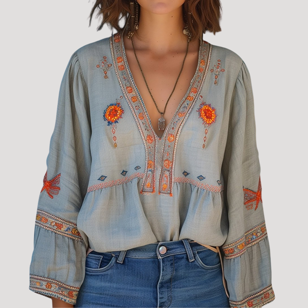 Zinnia | Blouse à Manches Longues Brodée à Col V pour Femmes