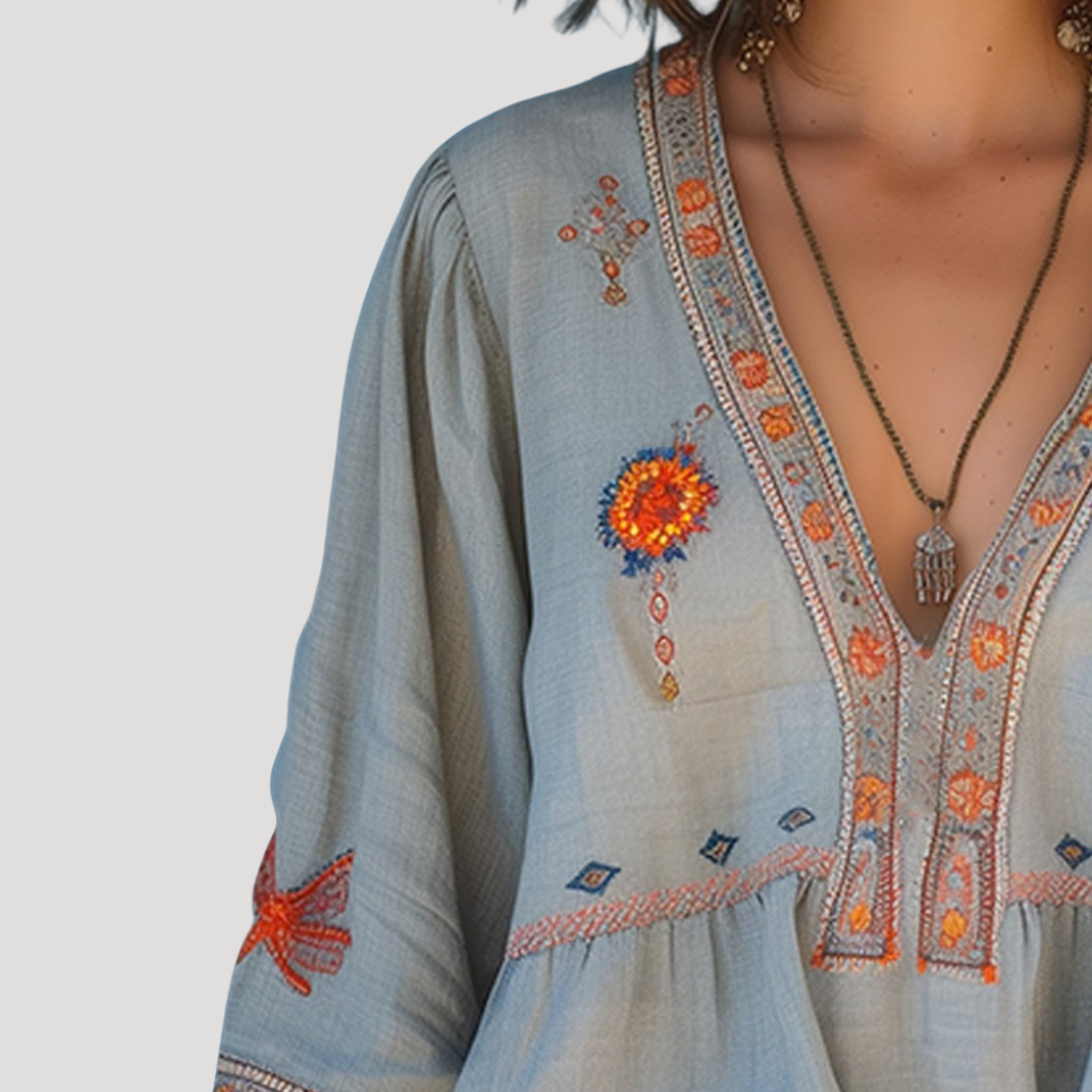 Zinnia | Blouse à Manches Longues Brodée à Col en V pour Femmes