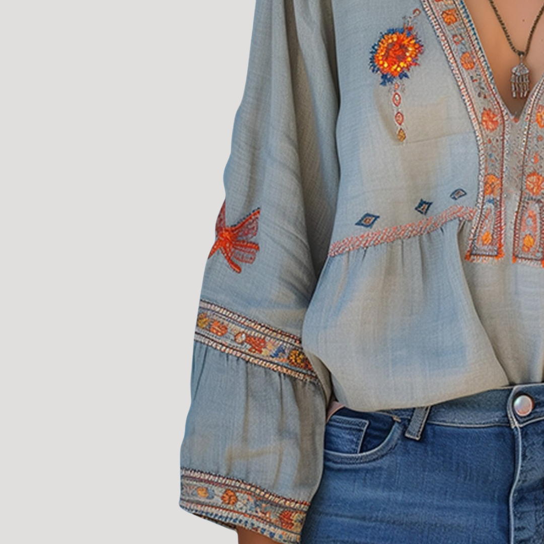 Zinnia | Blouse à Manches Longues Brodée à Col en V pour Femmes