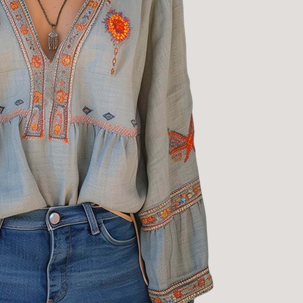 Zinnia | Blouse à Manches Longues Brodée à Col V pour Femmes